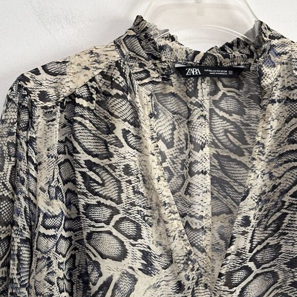 Zara Snake Print Blouse XS Sheer Chiffon V Neck Bling Cuff Button Work Sexy Top - Picture 4 of 14